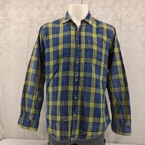 32 Bar Blues Button Up Shirt Mens Large Blue Green Plaid Long Sleeve Cotton